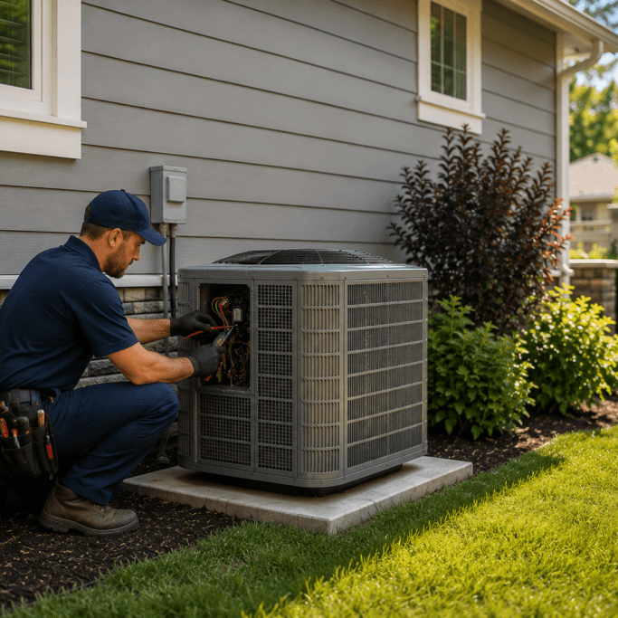 Residential HVAC photo of tech repairing unit.